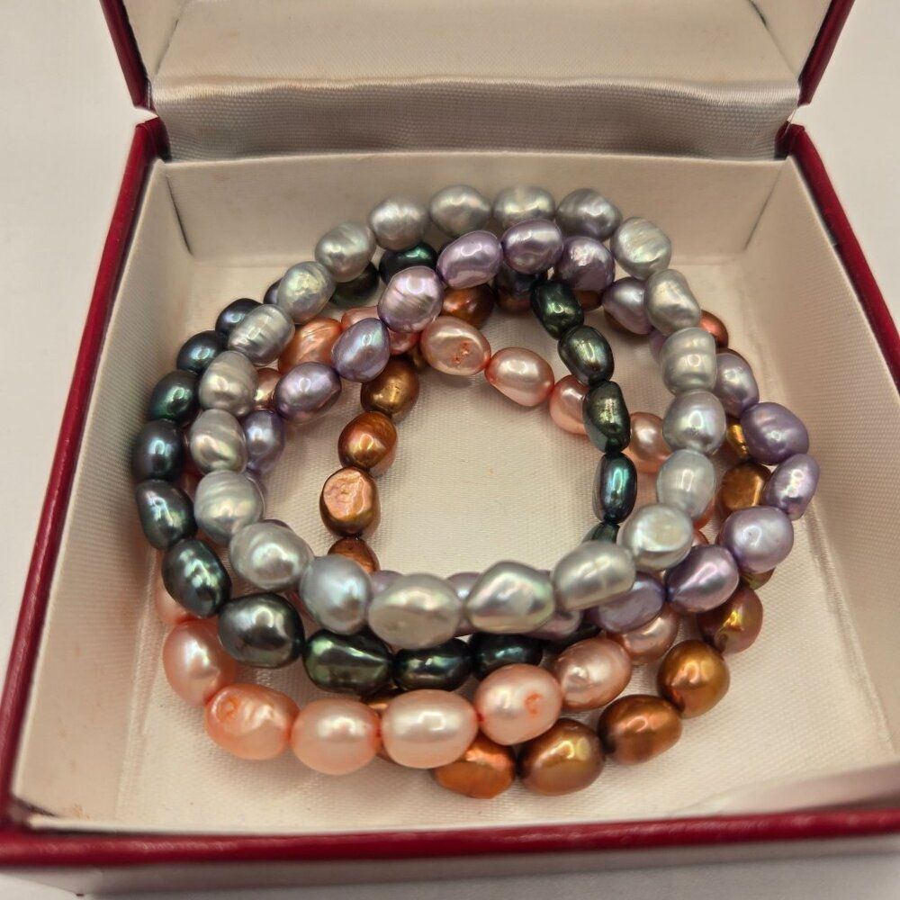 5 Strand Multi Color Freshwater Cultured Pearl Stretch Bracelets